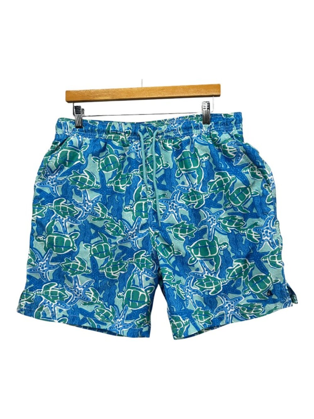 Ted Lapidus Swim Trunks Mens Blue Green Turtle Print Drawstring Lined 7" Size XL